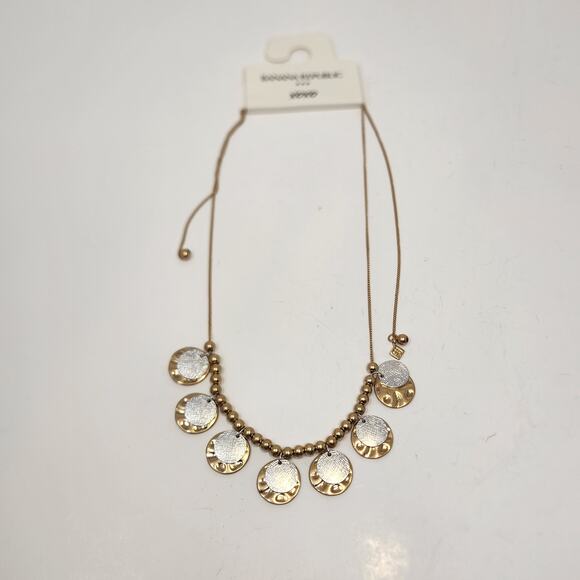 Banana Republic Gold Silver Tone Hammered Disc Chain Necklace Slider Adjustable - Picture 3 of 3